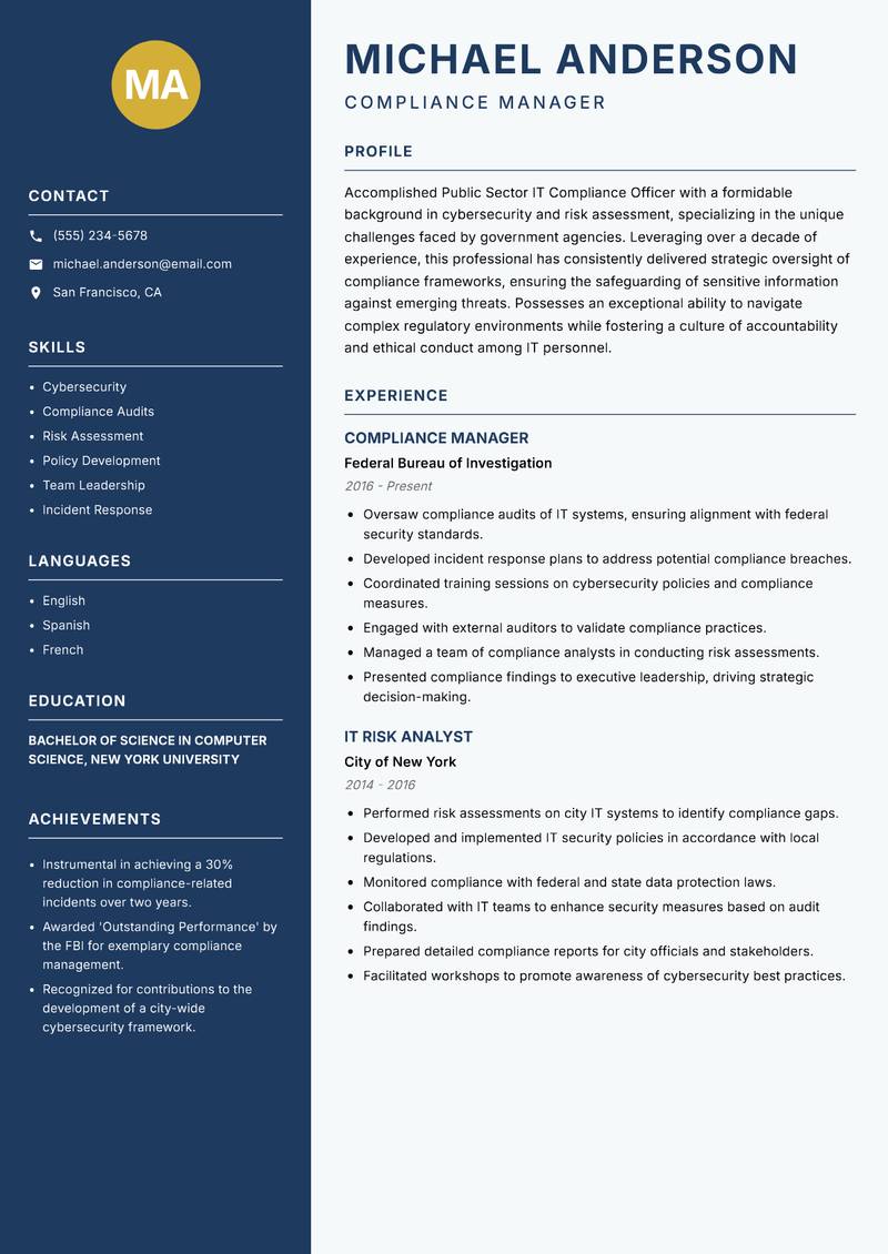 Public Sector IT Compliance Officer Resume Preview Example
