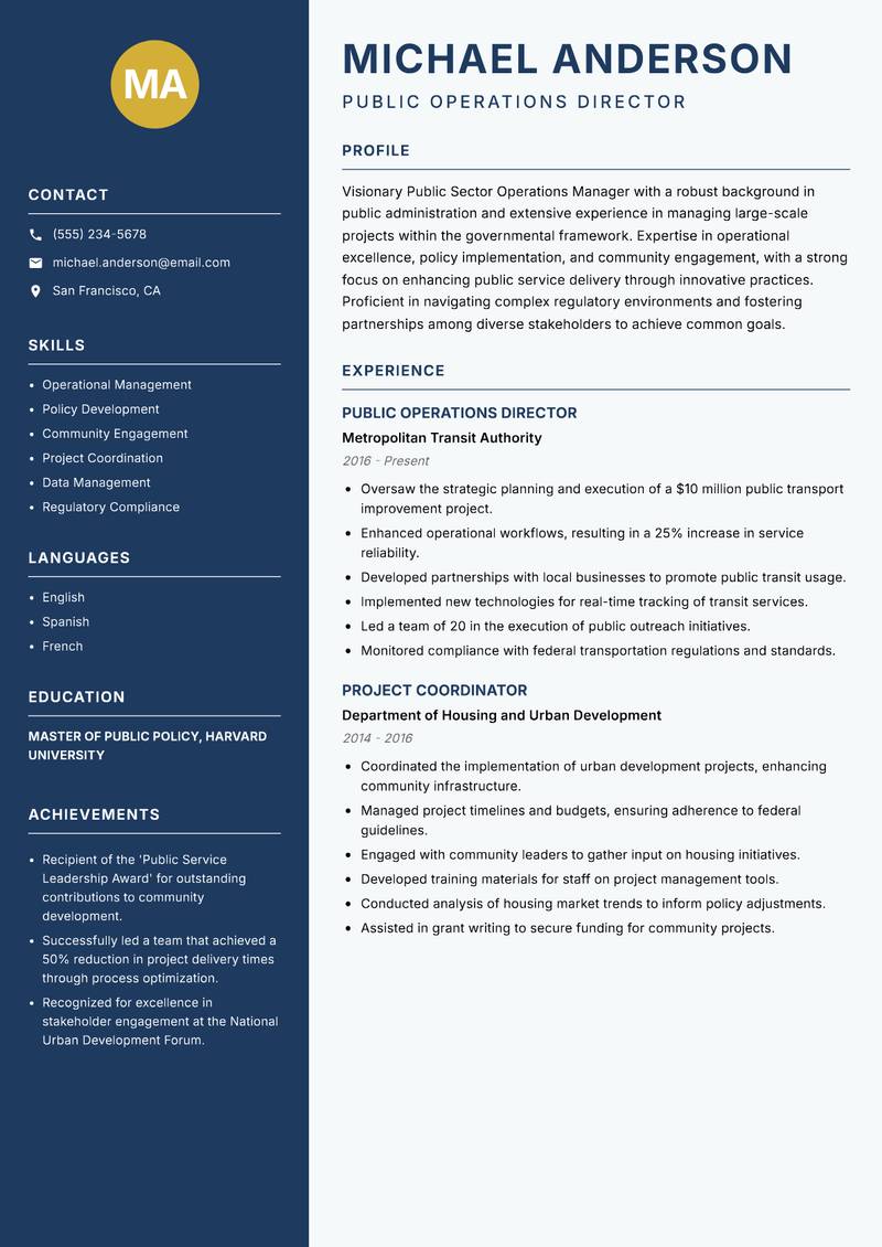 Public Sector Operations Manager Resume Preview Example