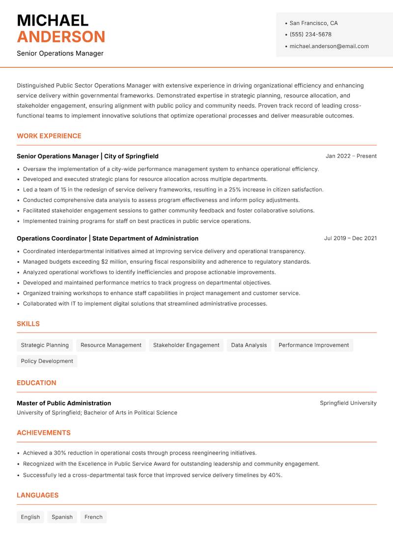 Public Sector Operations Manager Resume Template