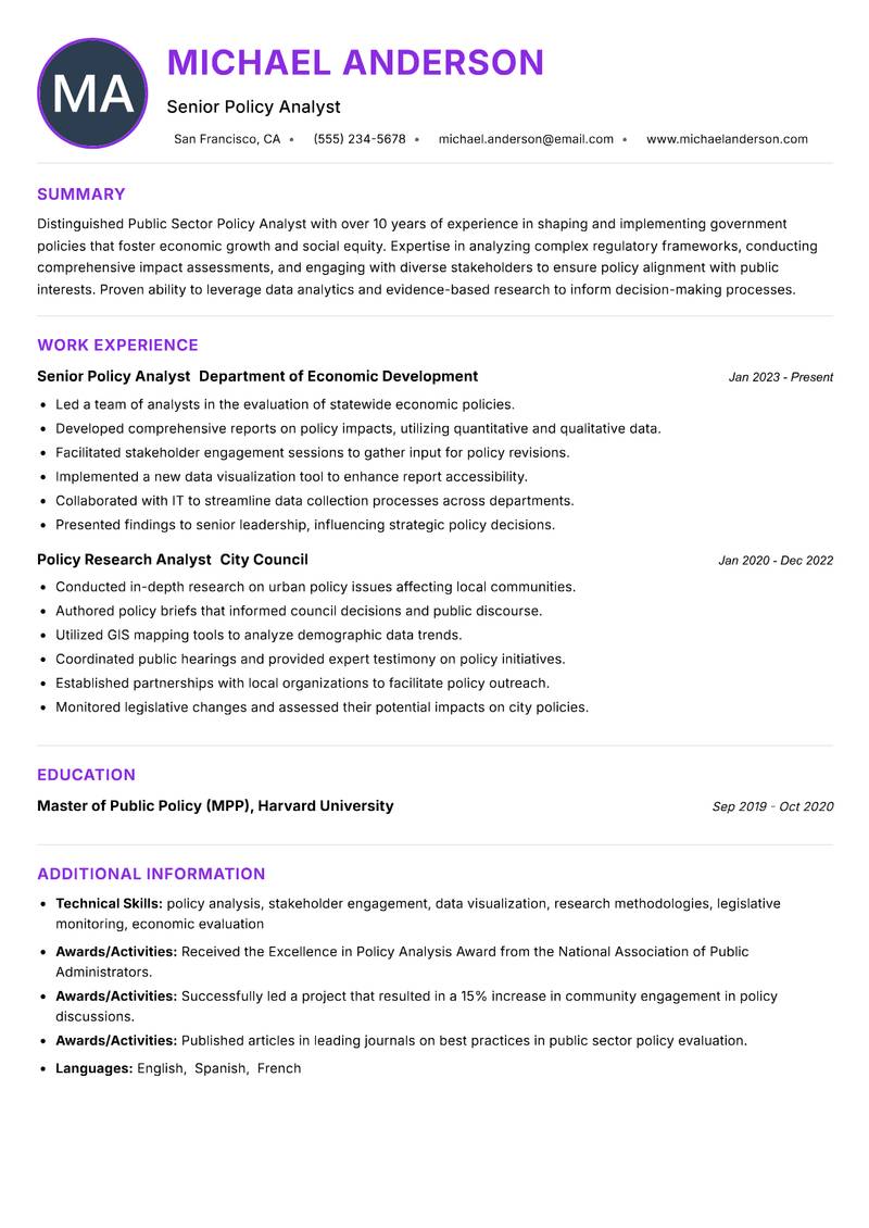 Public Sector Policy Analyst Resume Preview Example