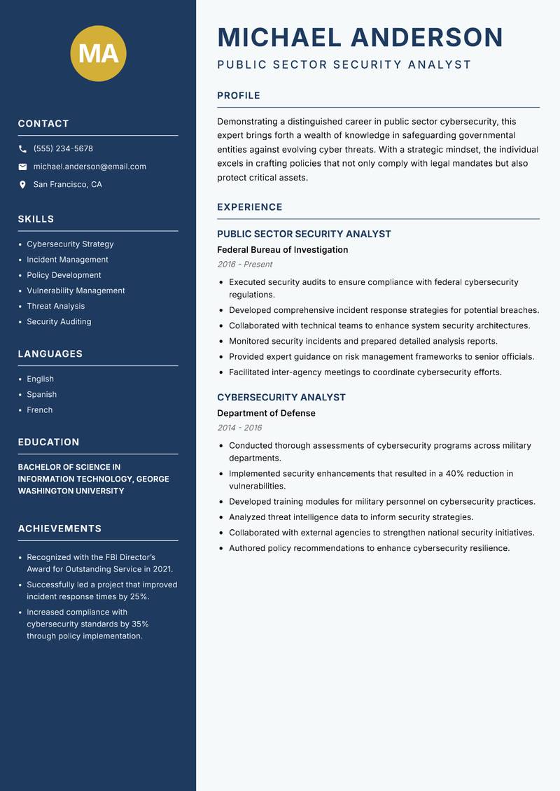 Public Sector Security Analyst Resume Preview Example