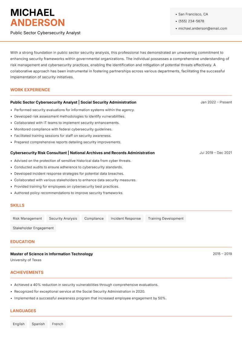 Public Sector Security Analyst Resume Template