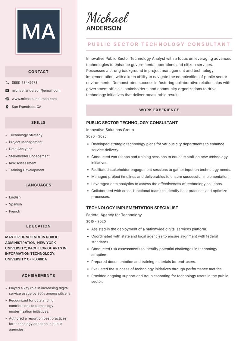Public Sector Technology Analyst Resume Preview Example