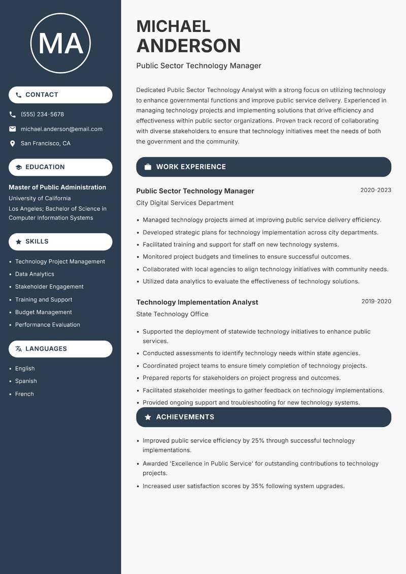 Public Sector Technology Analyst Resume Preview Example