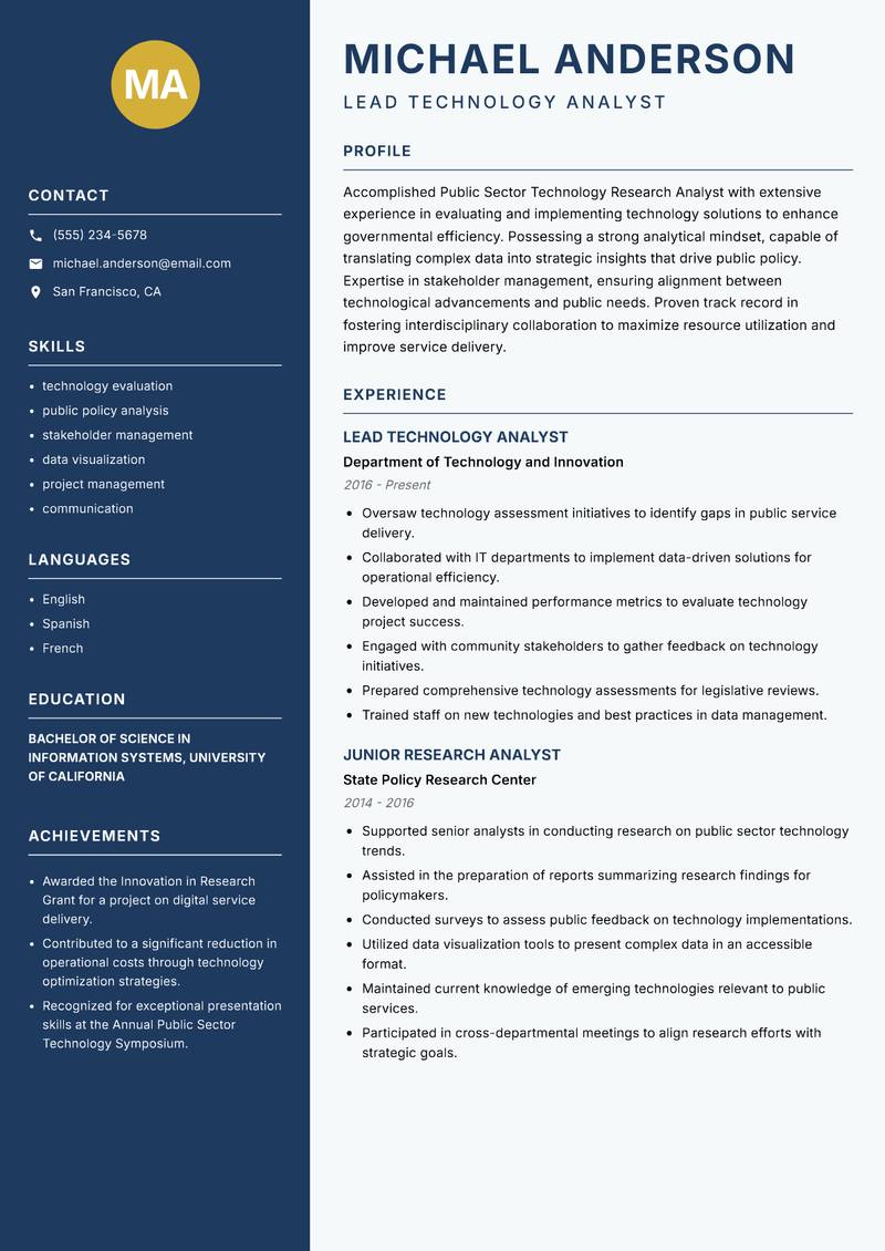 Public Sector Technology Research Analyst Resume Preview Example