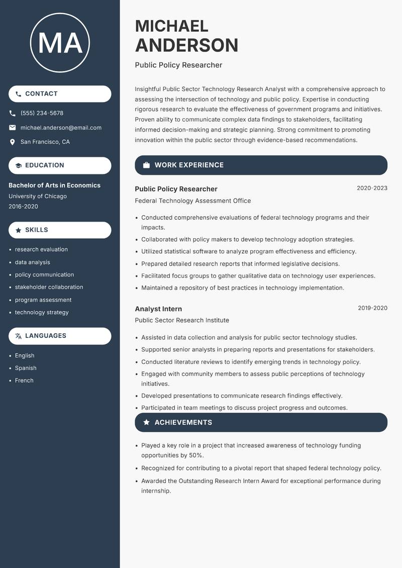 Public Sector Technology Research Analyst Resume Preview Example