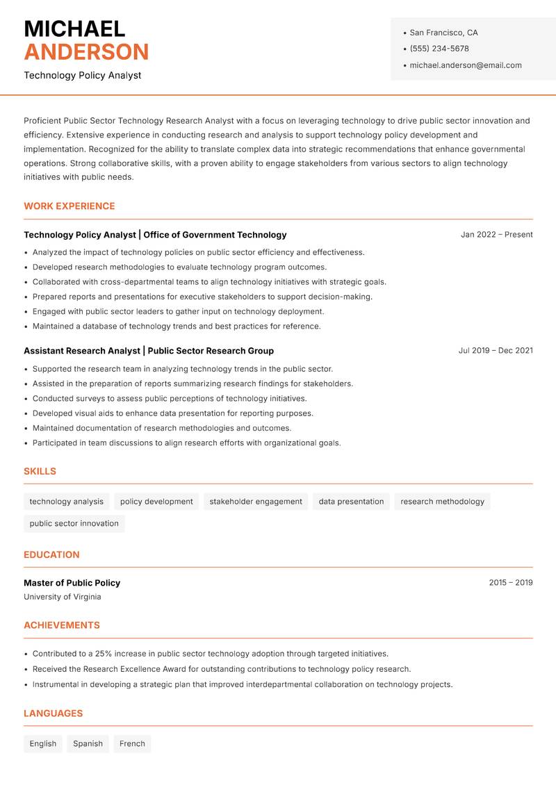 Public Sector Technology Research Analyst Resume Template
