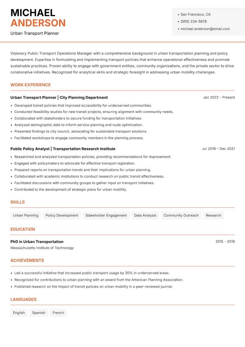 Public Transport Operations Manager Resume Template
