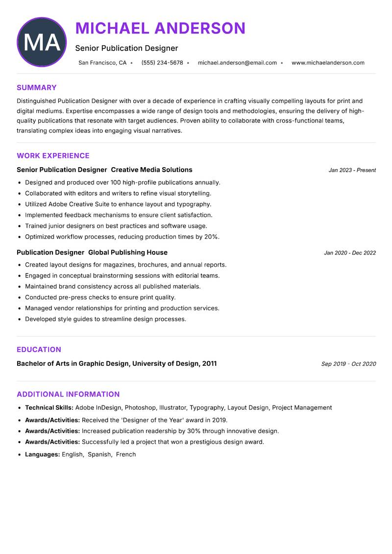 Publication Designer Resume Preview Example