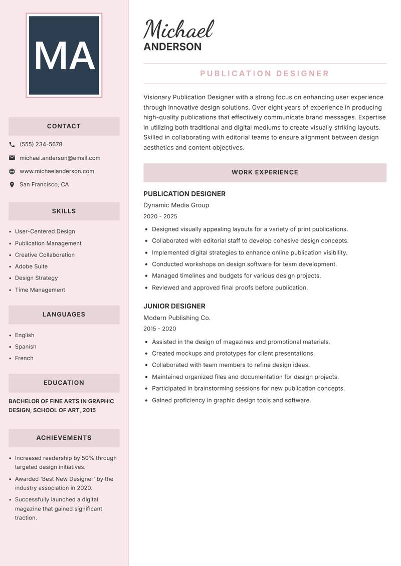 Publication Designer Resume Preview Example