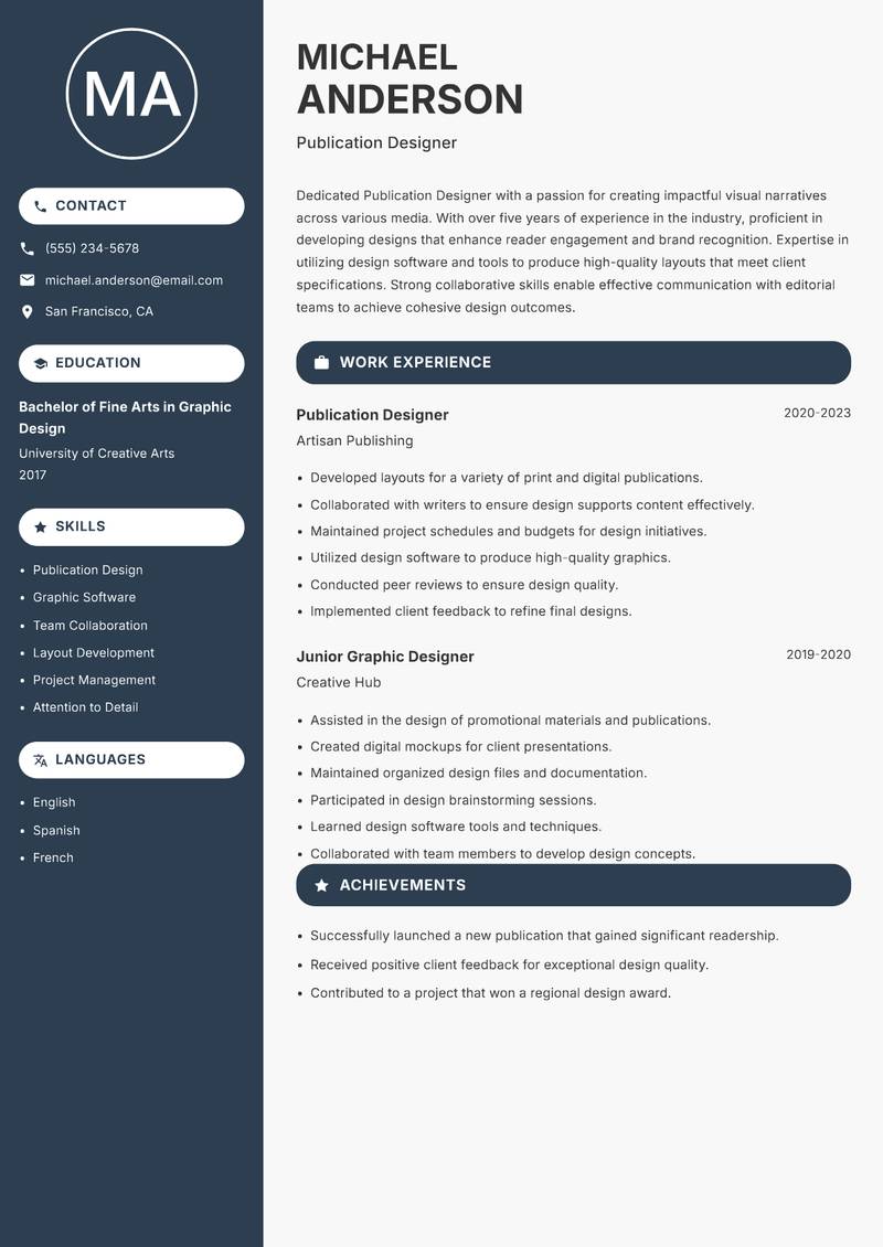 Publication Designer Resume Preview Example