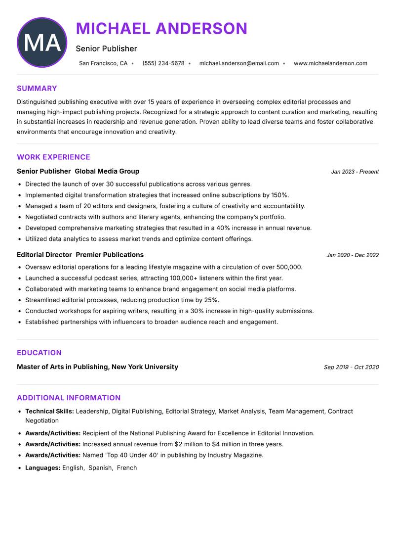 Publisher Resume Preview Example