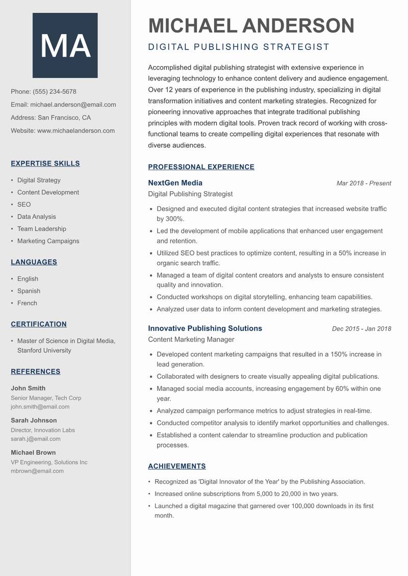 Publisher Resume Preview Example