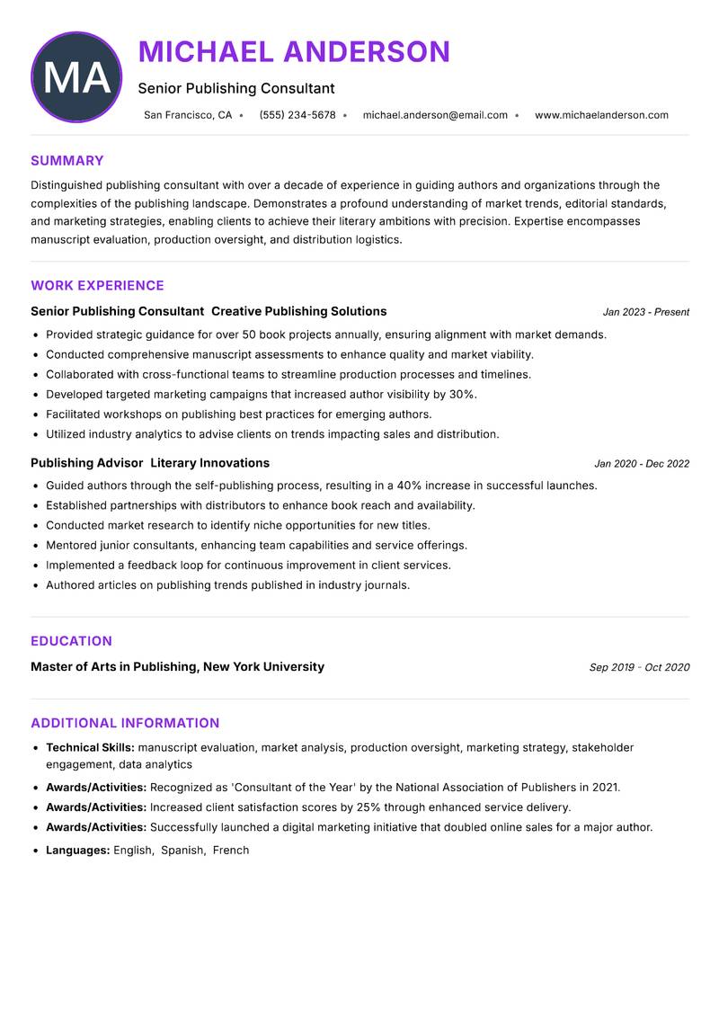 Publishing Consultant Resume Preview Example