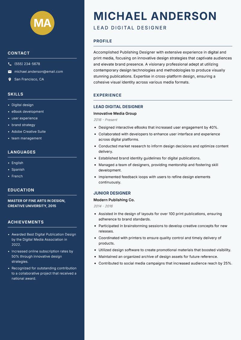 Publishing Designer Resume Preview Example