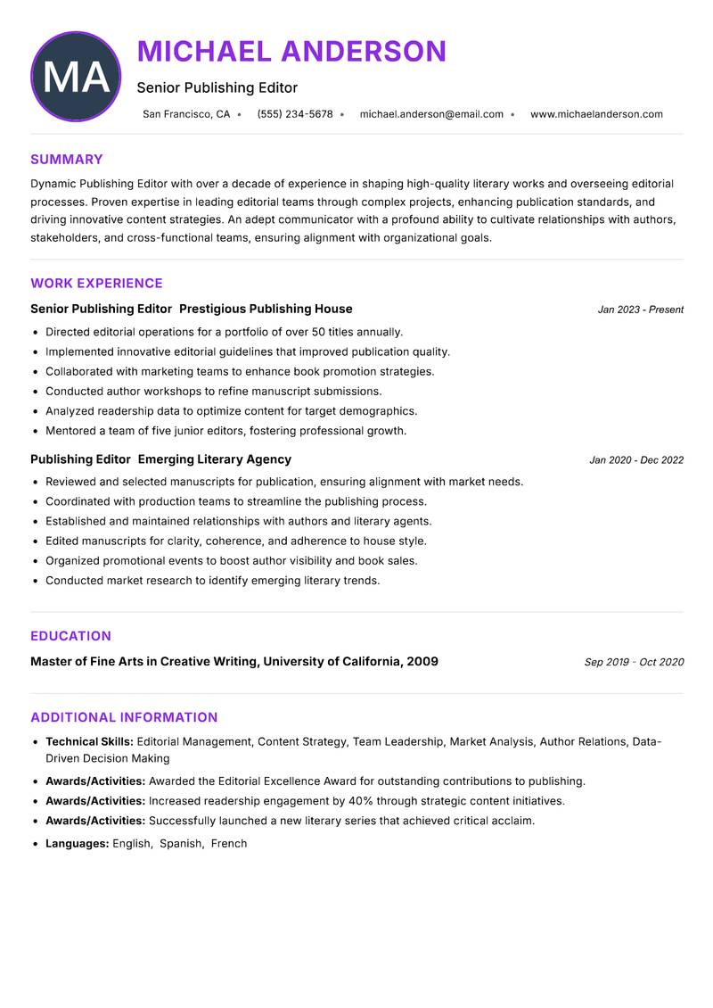 Publishing Editor Resume Preview Example