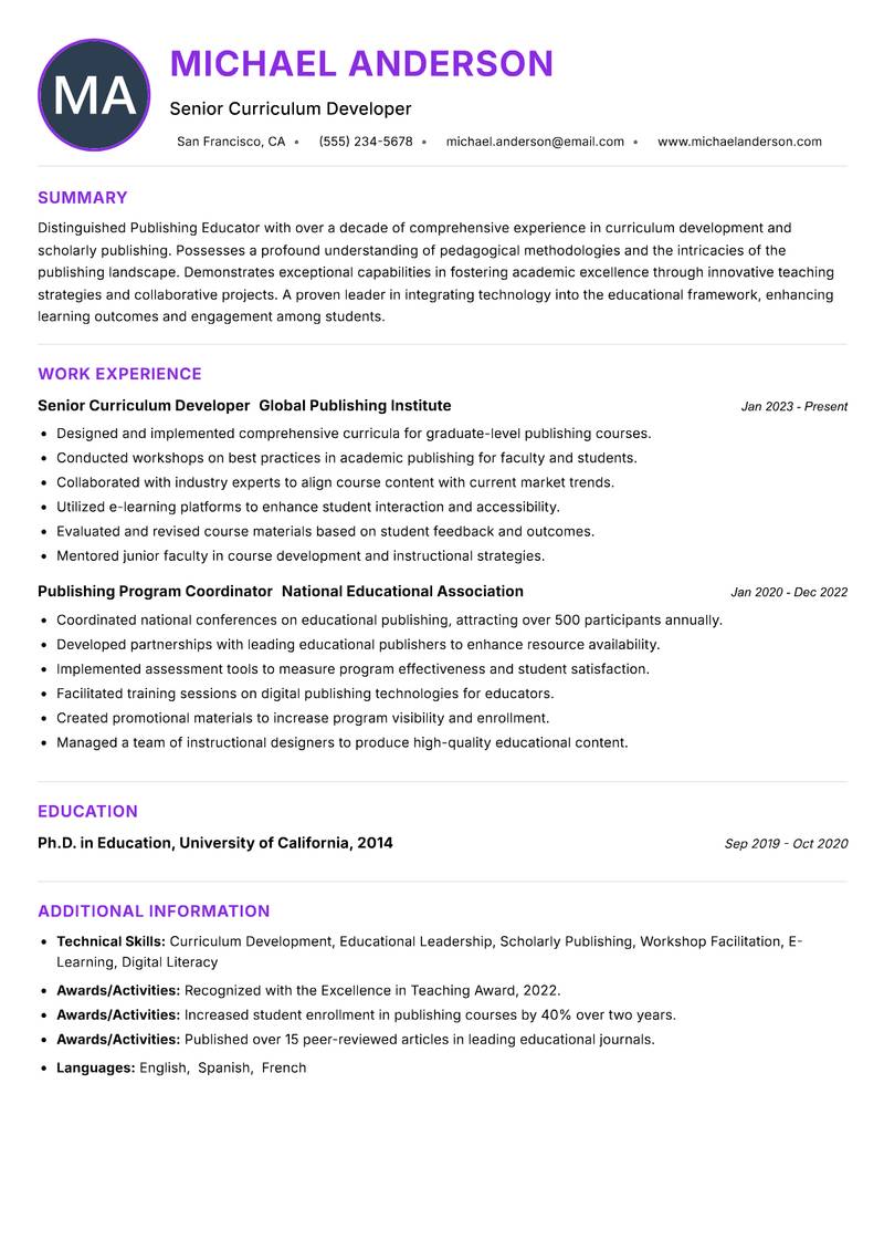 Publishing Educator Resume Preview Example