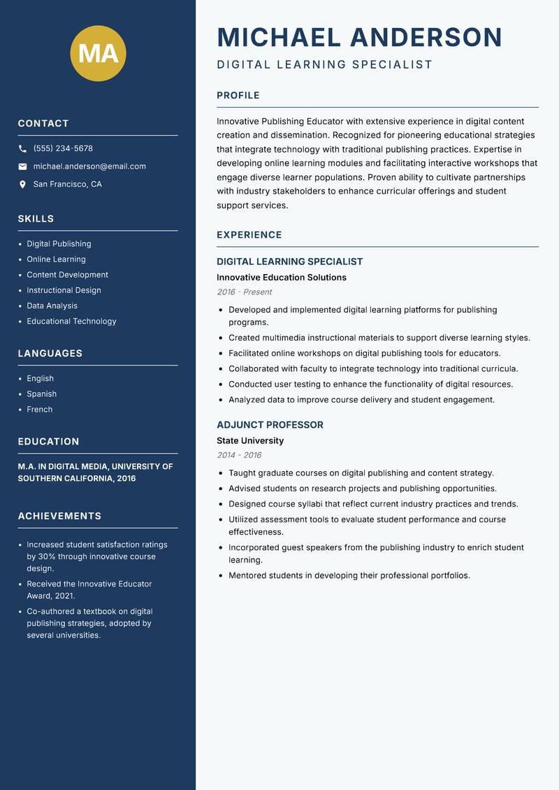 Publishing Educator Resume Preview Example