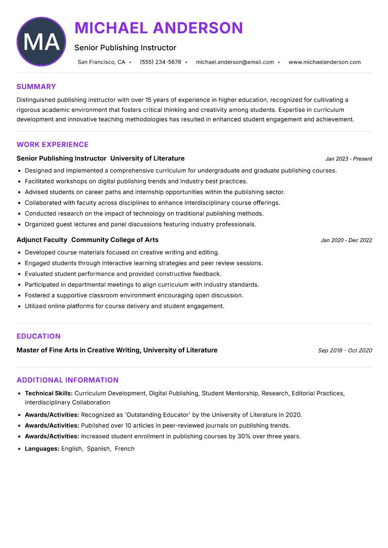 Publishing Instructor Resume Preview Example