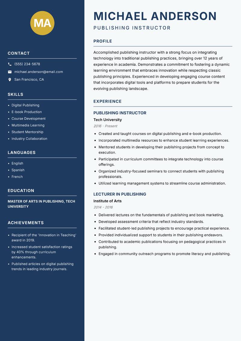 Publishing Instructor Resume Preview Example