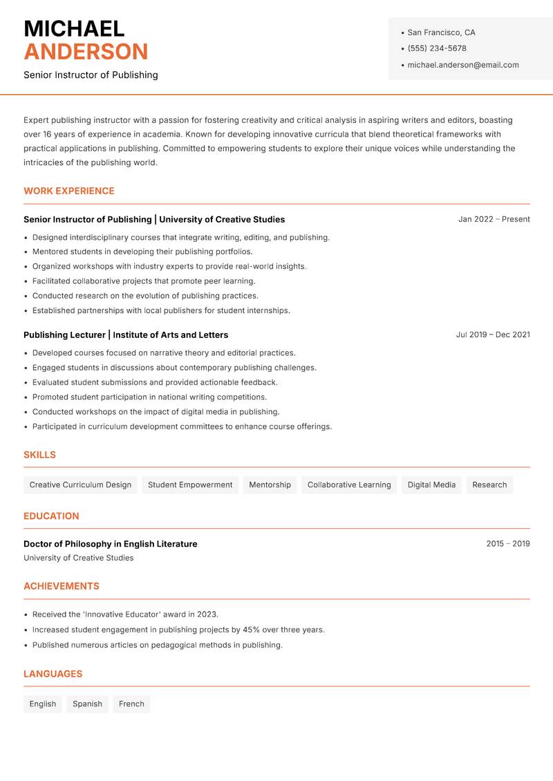 Publishing Instructor Resume Template