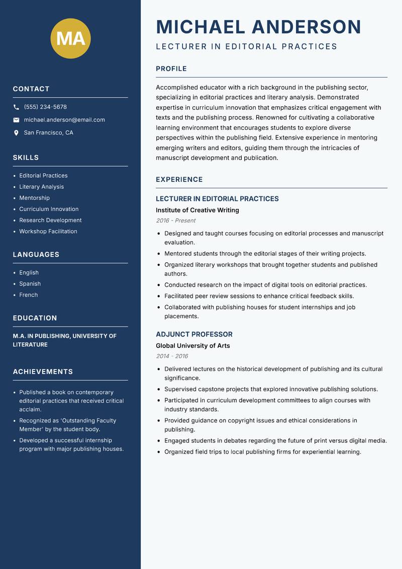 Publishing Lecturer Resume Preview Example