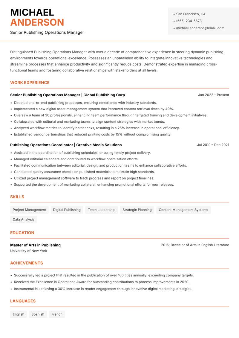 Publishing Operations Manager Resume Template