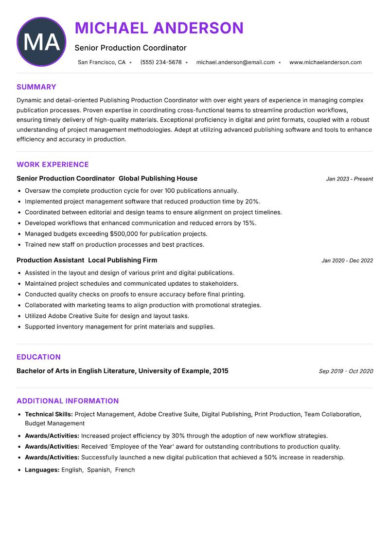 Publishing Production Coordinator Resume Preview Example