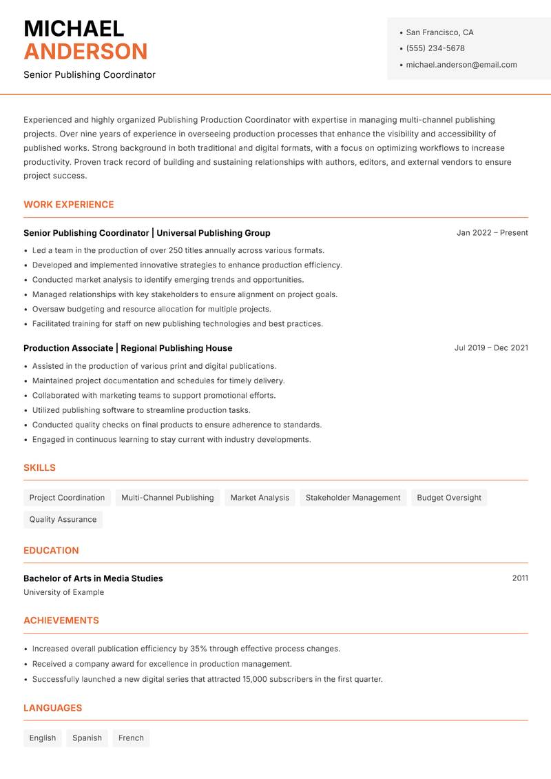 Publishing Production Coordinator Resume Template