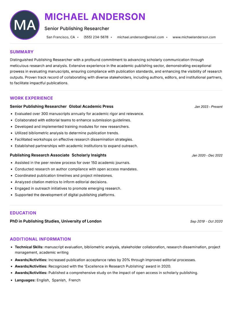 Publishing Researcher Resume Preview Example