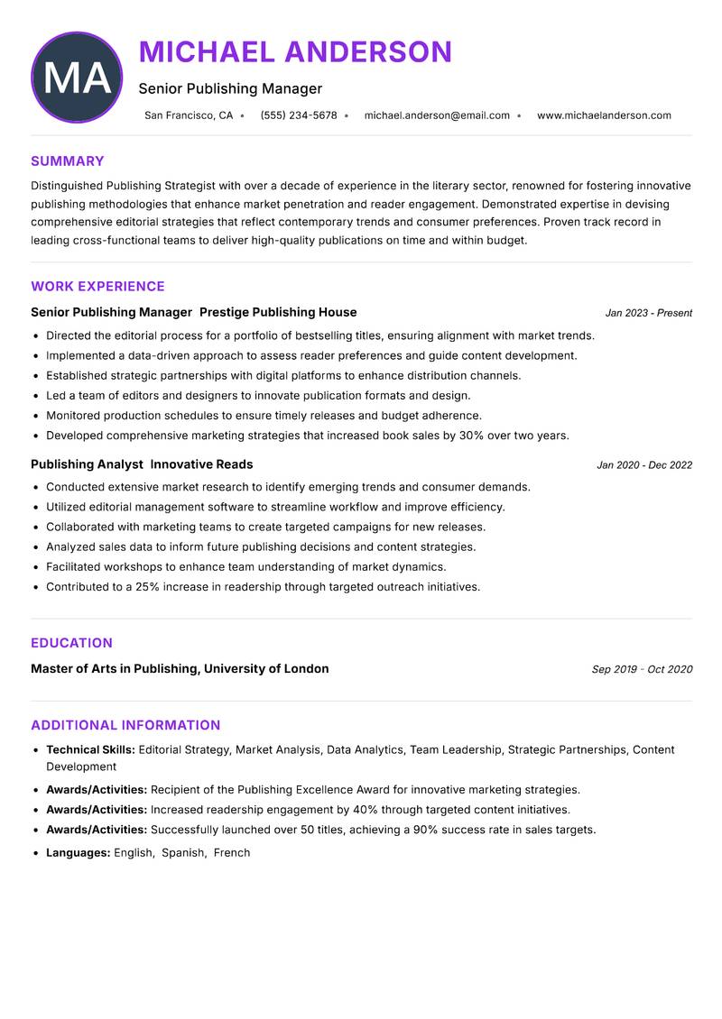 Publishing Strategist Resume Preview Example