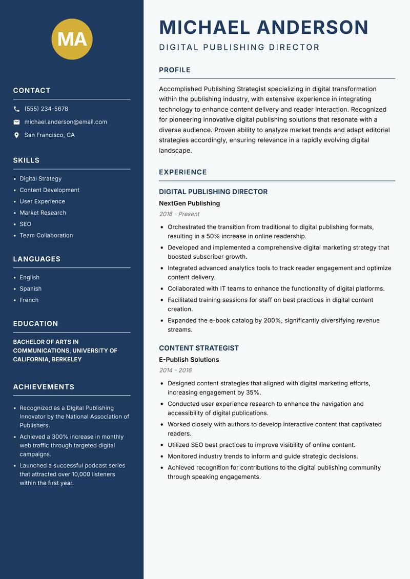 Publishing Strategist Resume Preview Example