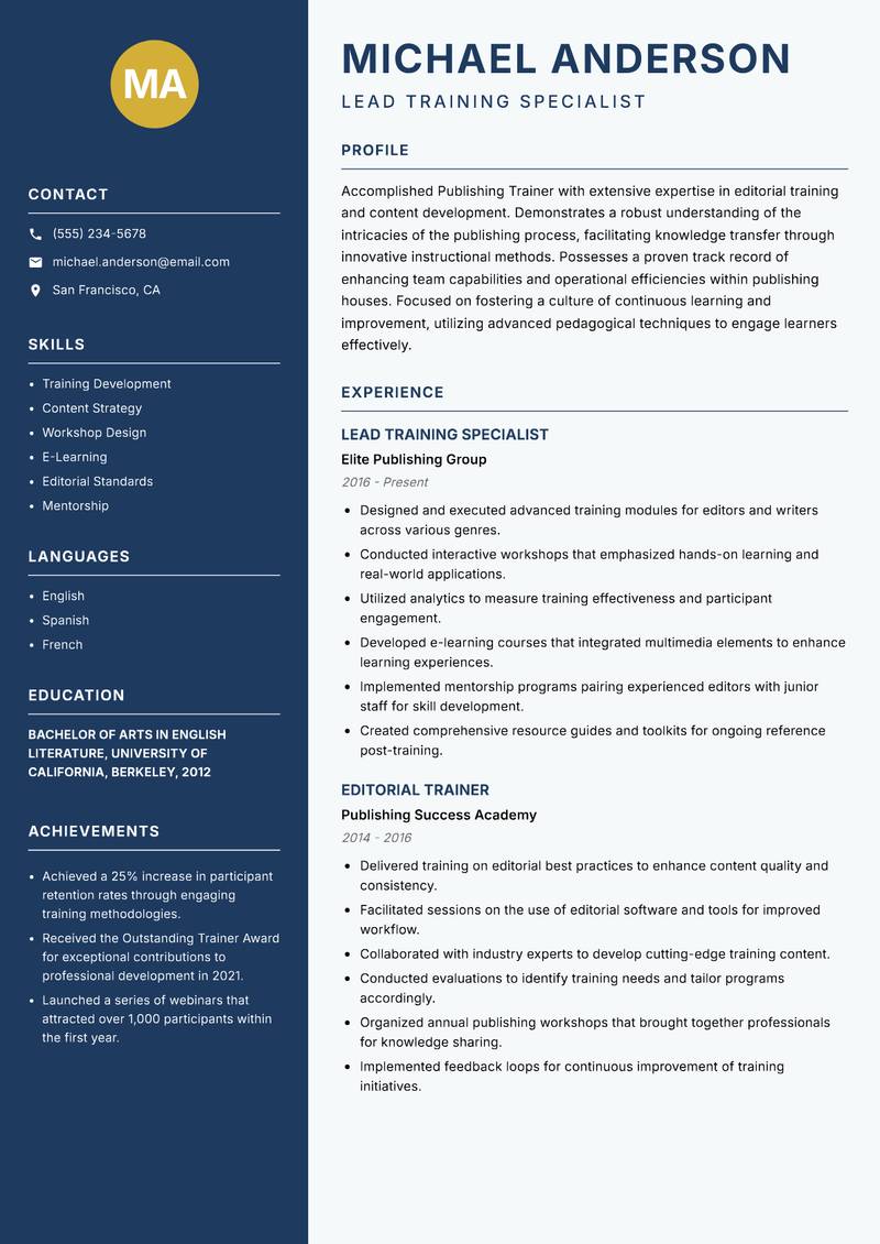 Publishing Trainer Resume Preview Example