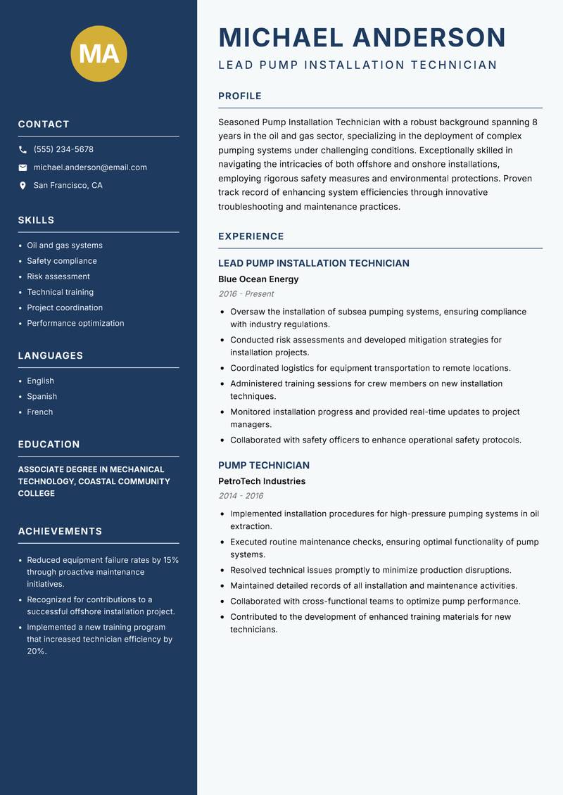 Pump Installation Technician Resume Preview Example