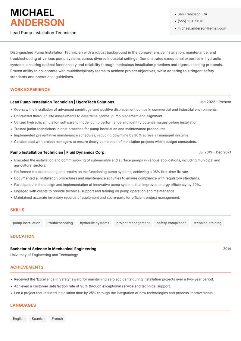 Pump Installation Technician Resume Template