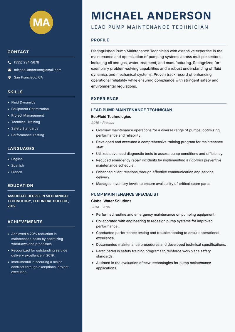 Pump Maintenance Technician Resume Preview Example