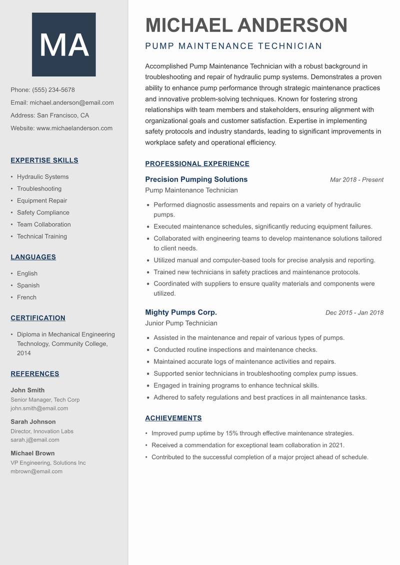 Pump Maintenance Technician Resume Preview Example