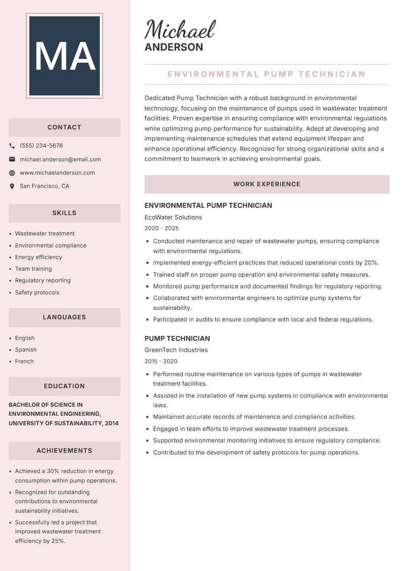 Pump Technician Resume Preview Example