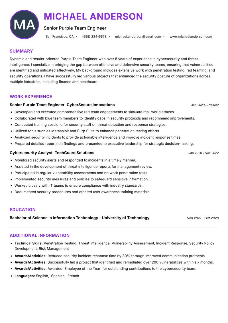 Purple Team Engineer Resume Preview Example