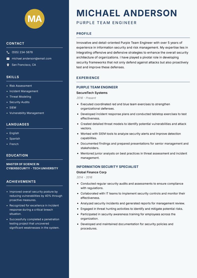 Purple Team Engineer Resume Preview Example