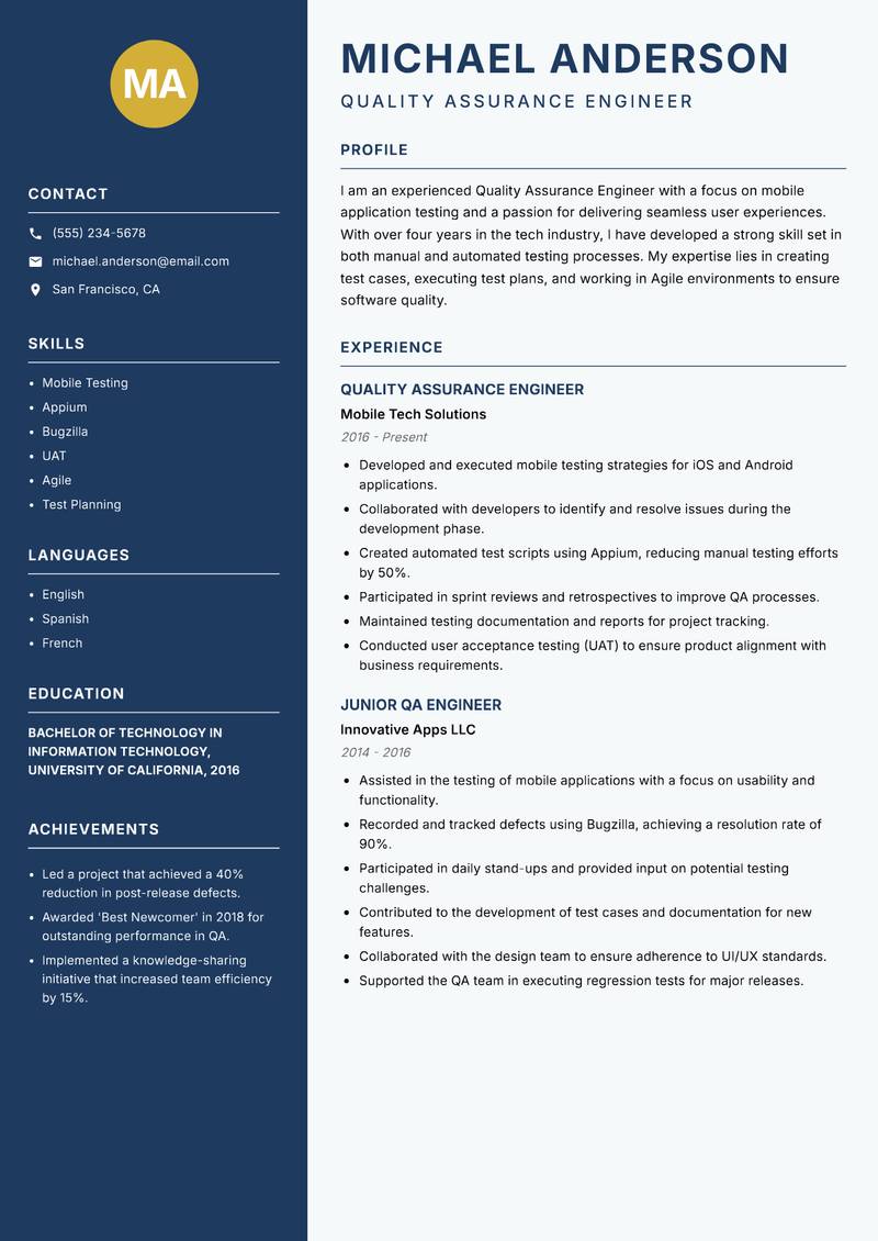 Quality Assurance Engineer Resume Preview Example