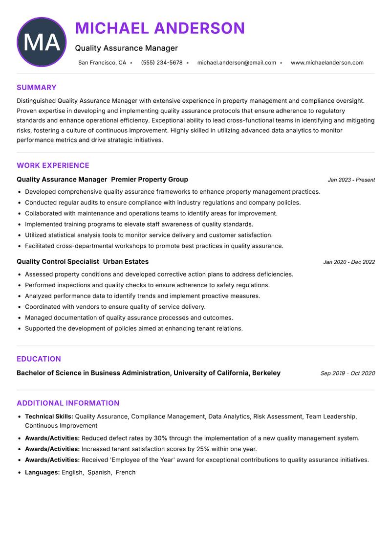 Quality Assurance Manager Property Resume Preview Example