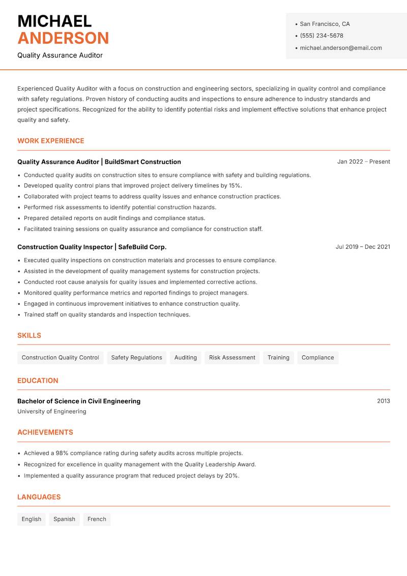 Quality Auditor Resume Template