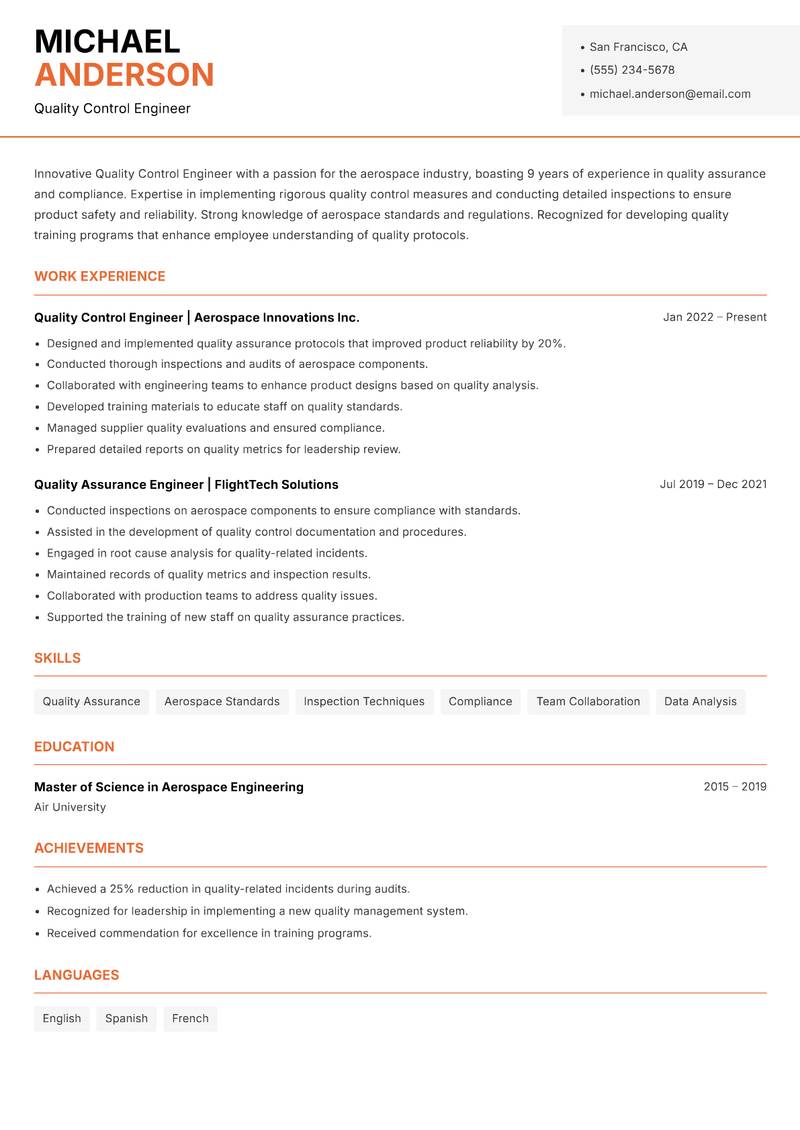 Quality Control Engineer Resume Template
