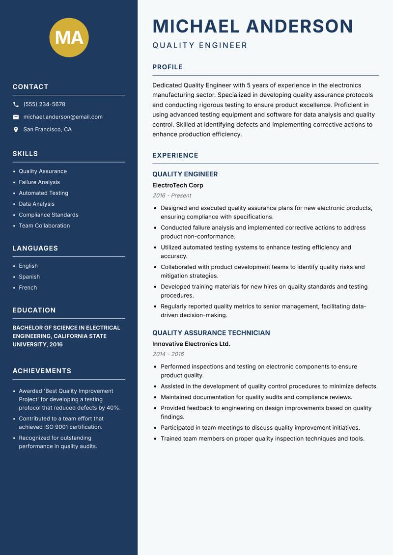 Quality Engineer Resume Preview Example