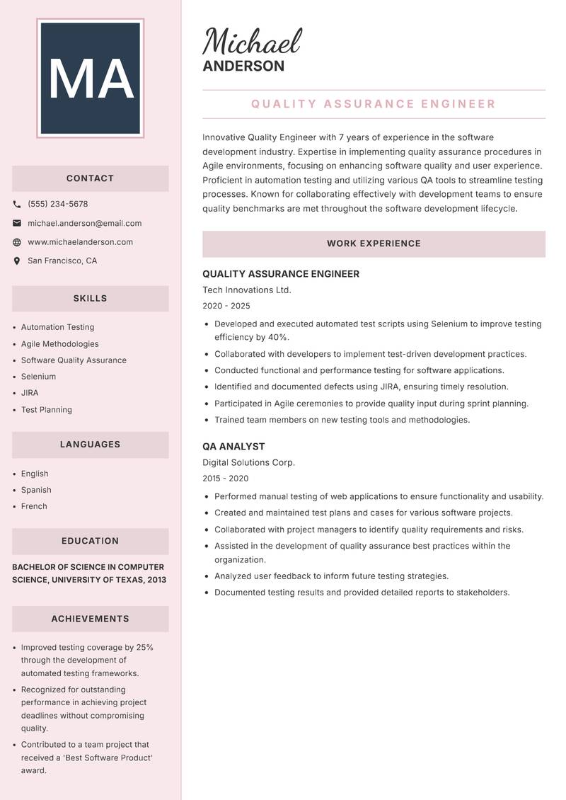 Quality Engineer Resume Preview Example