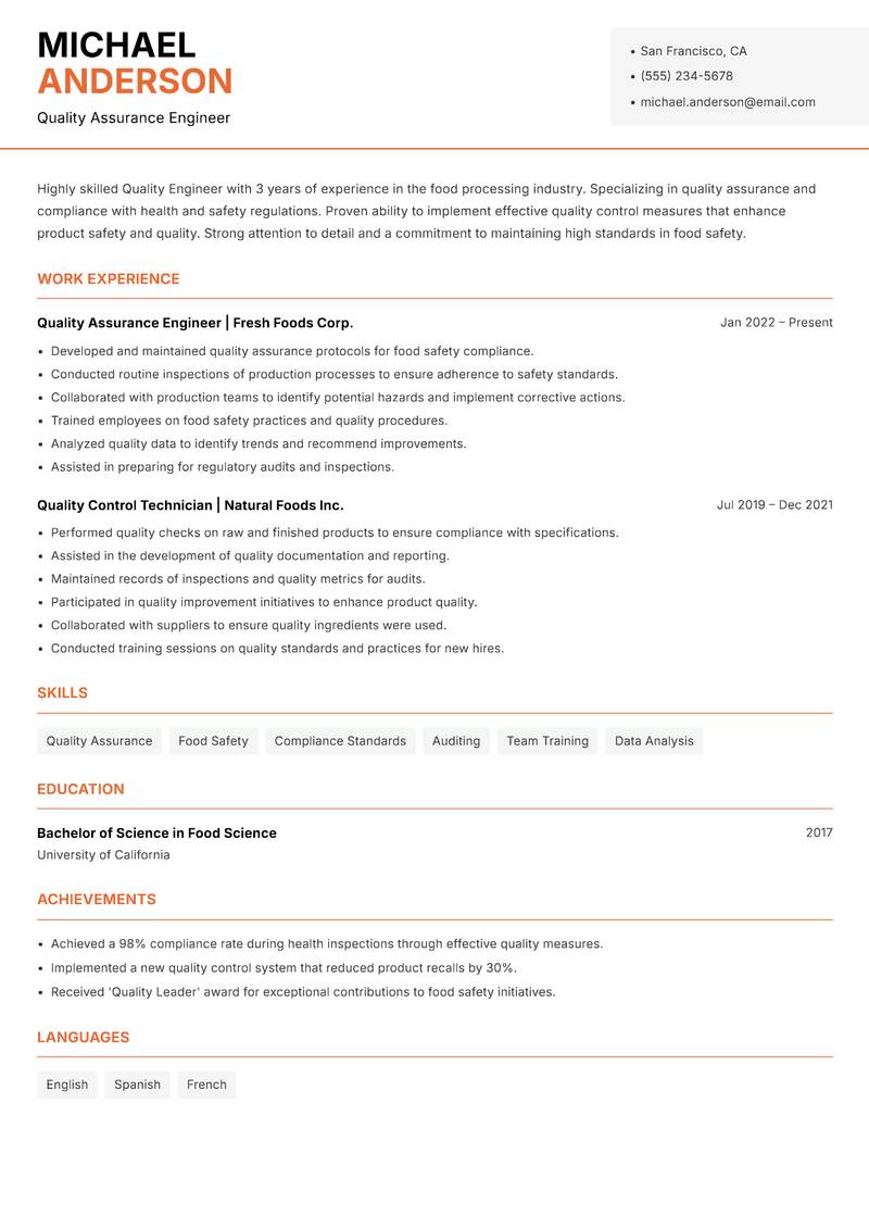 Quality Engineer Resume Template