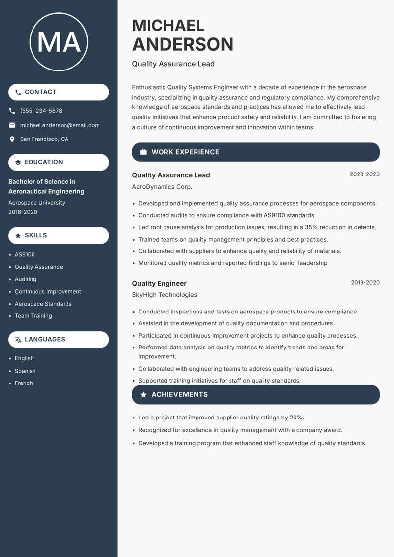 Quality Systems Engineer Resume Preview Example