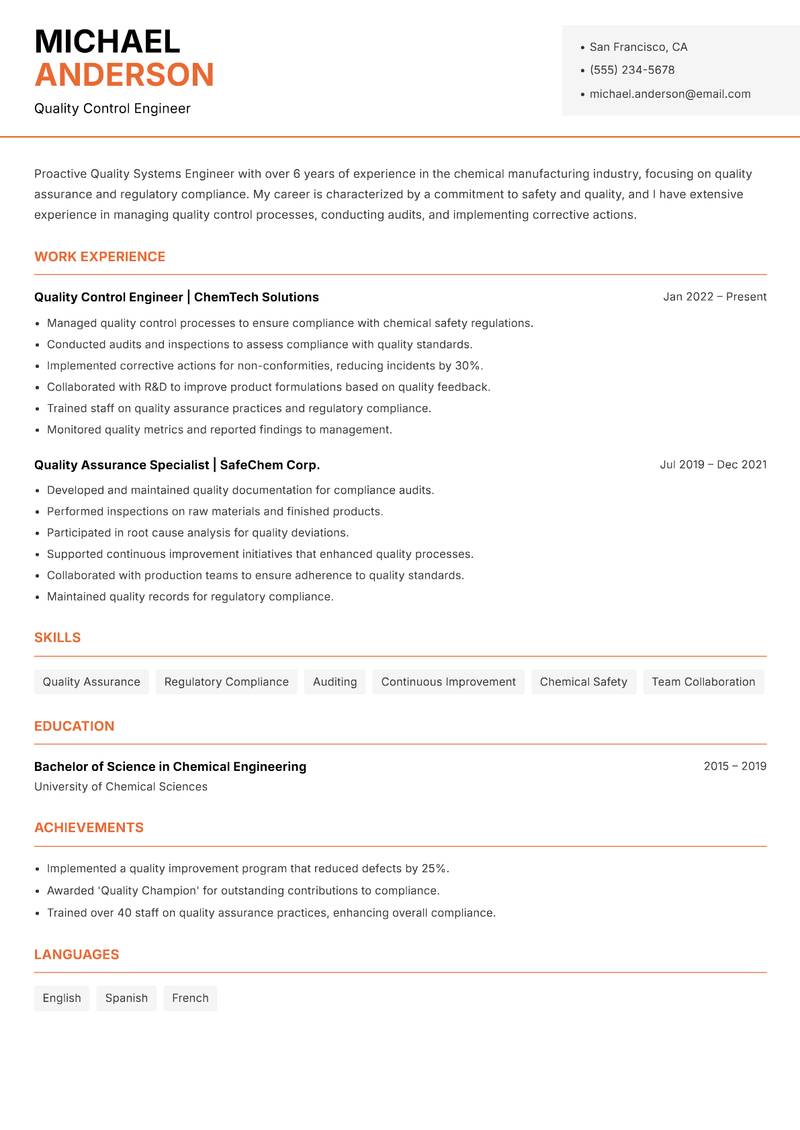 Quality Systems Engineer Resume Template