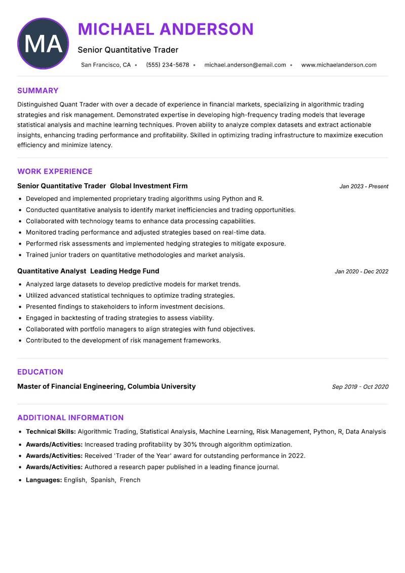 Quant Trader Resume Preview Example